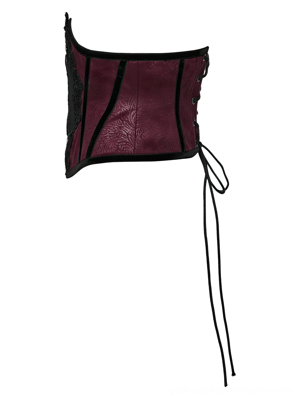 Gothic corset belt side view flat lay showcasing side zipper closure and rear drawstring detail on white background