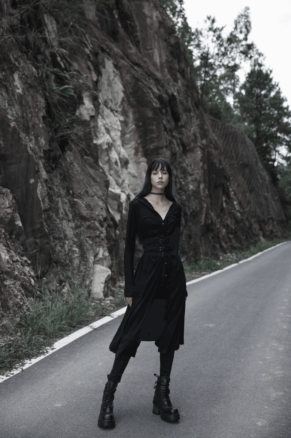 Alternative angle of black gothic corset belt showing overall silhouette, fit, and architectural metal buckle placement