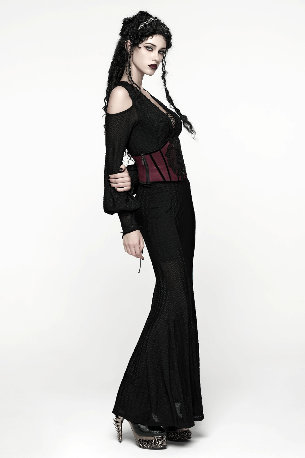 Size guide and measurement reference for wine red gothic corset belt in XS-S M-L XL-XXL options