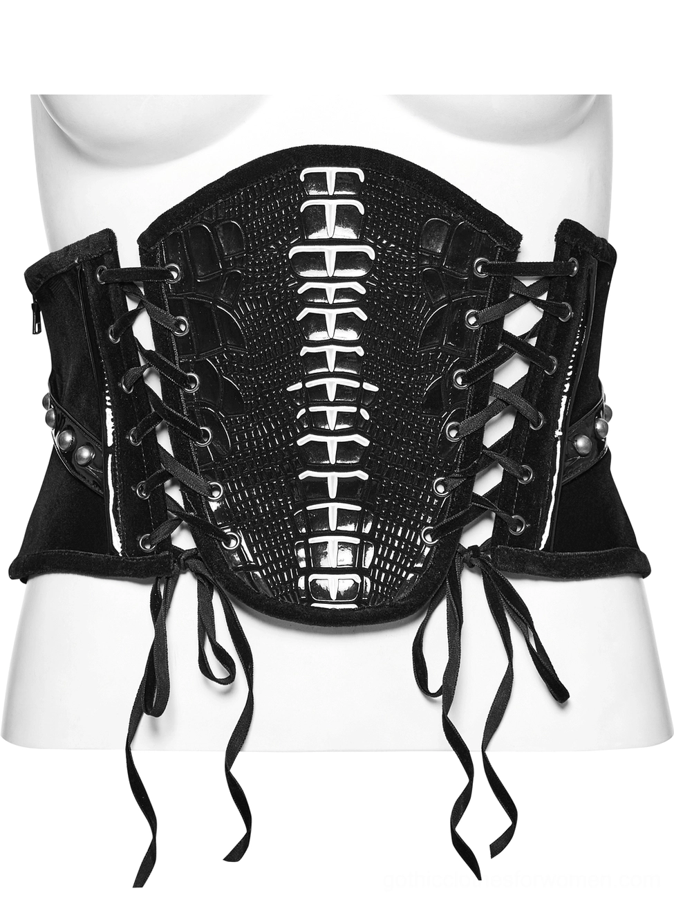 Front flat view of black velvet gothic corset belt on mannequin torso showing spinal ridge panel, studded lace-up sides, and architectural structure