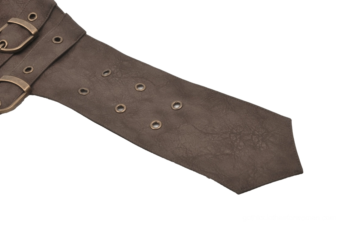 Side angle close-up of leather strap on gothic corset belt with adjustable holes