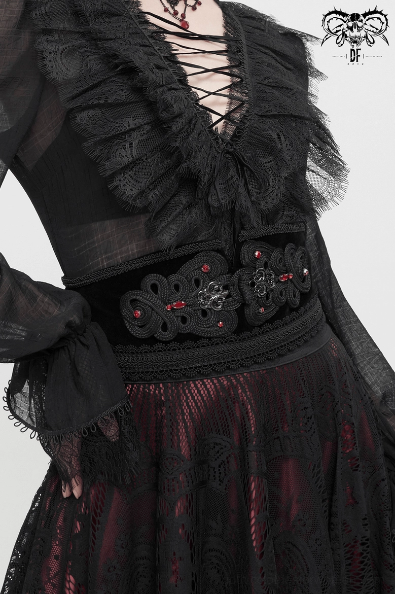 Alternative angle of black gothic corset belt showing structural design and lace positioning