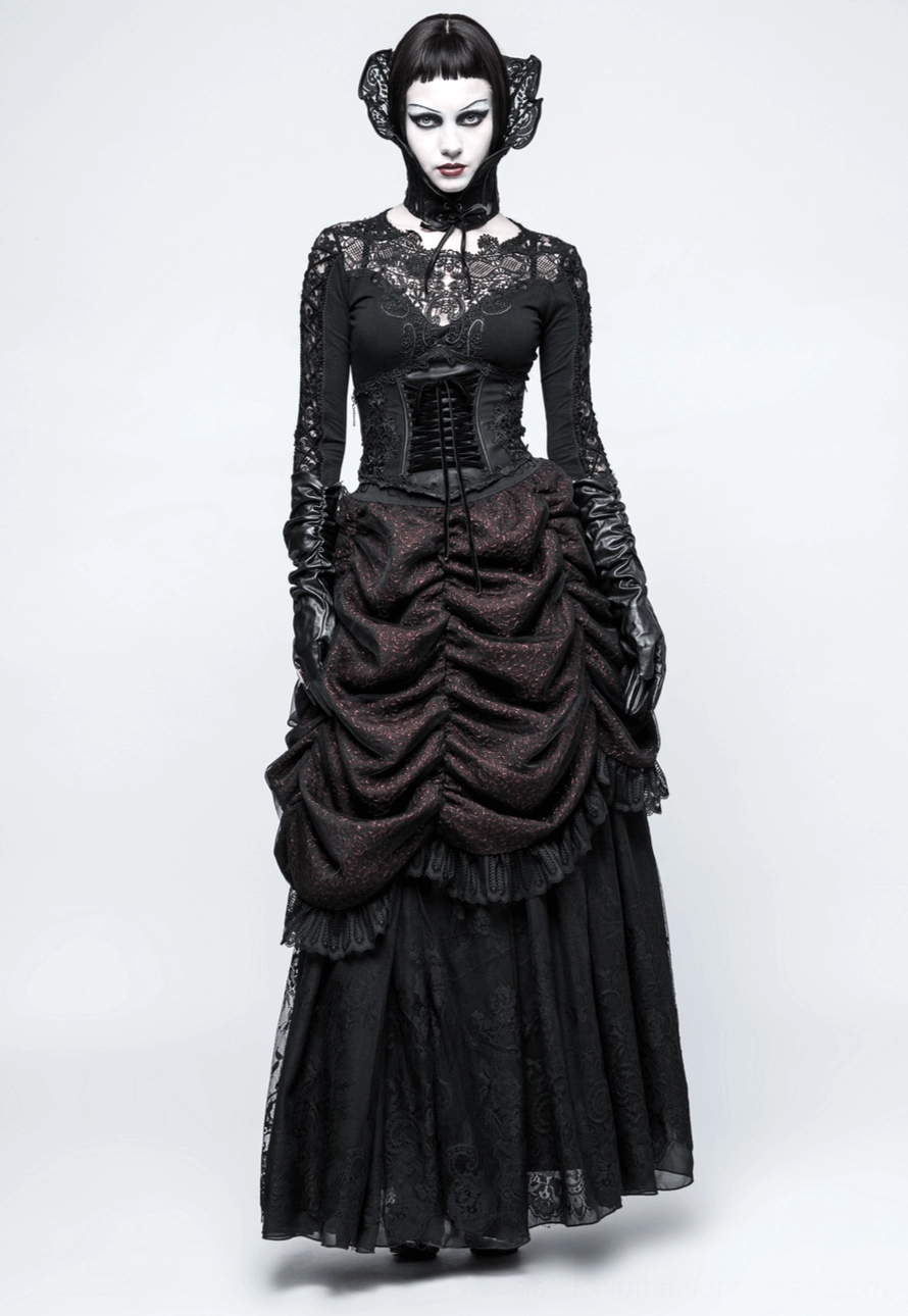 Black gothic floral embroidery corset belt product photography showing structured silhouette and intricate leather craftsmanship