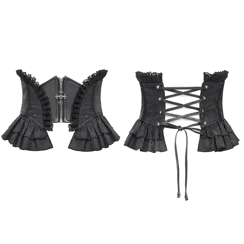 Two styles of black gothic corset belts displayed flat lay - cross zipper style and lace-up closure style