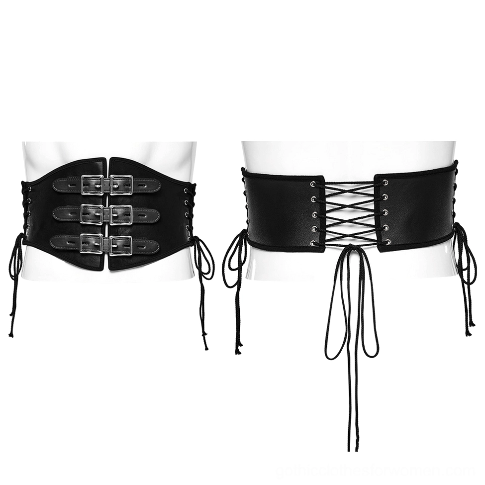 Two styles of black gothic corset belts displayed flat - buckle-fastened style and lace-up closure style for comparison