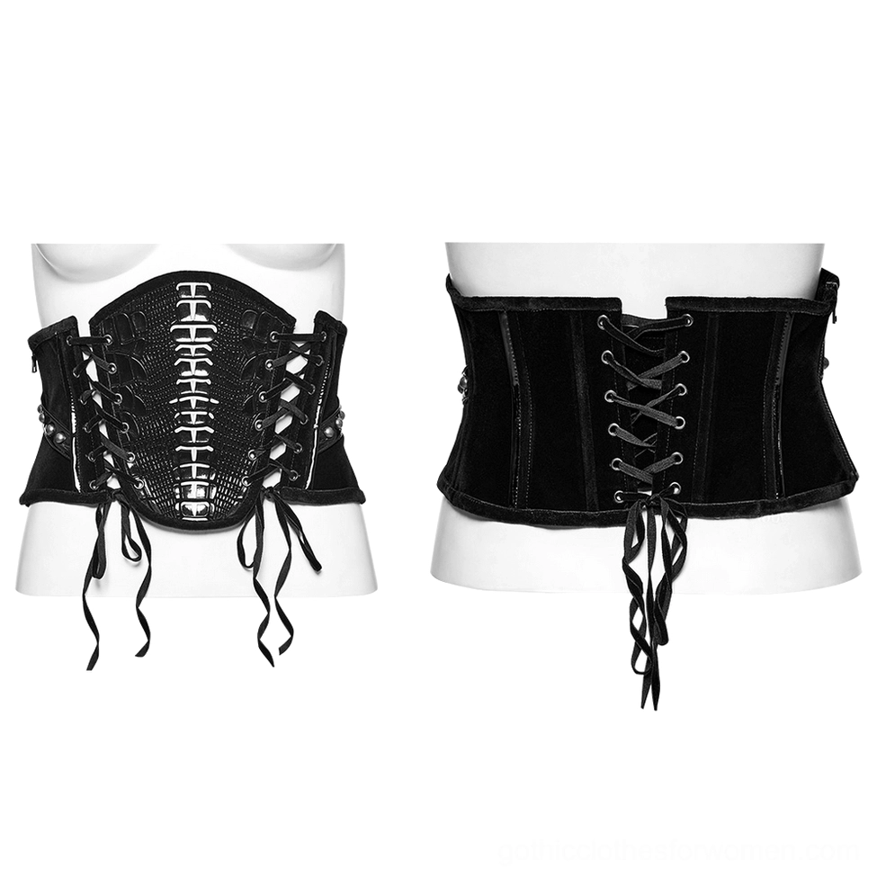 Two gothic corset belt styles on display mannequins: spine-decorated front and plain lace-up alternative design comparison