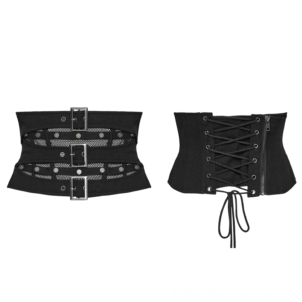 Two black gothic corset belt styles displayed flat lay, showing buckle-mesh front design and lace-up back construction for comparison