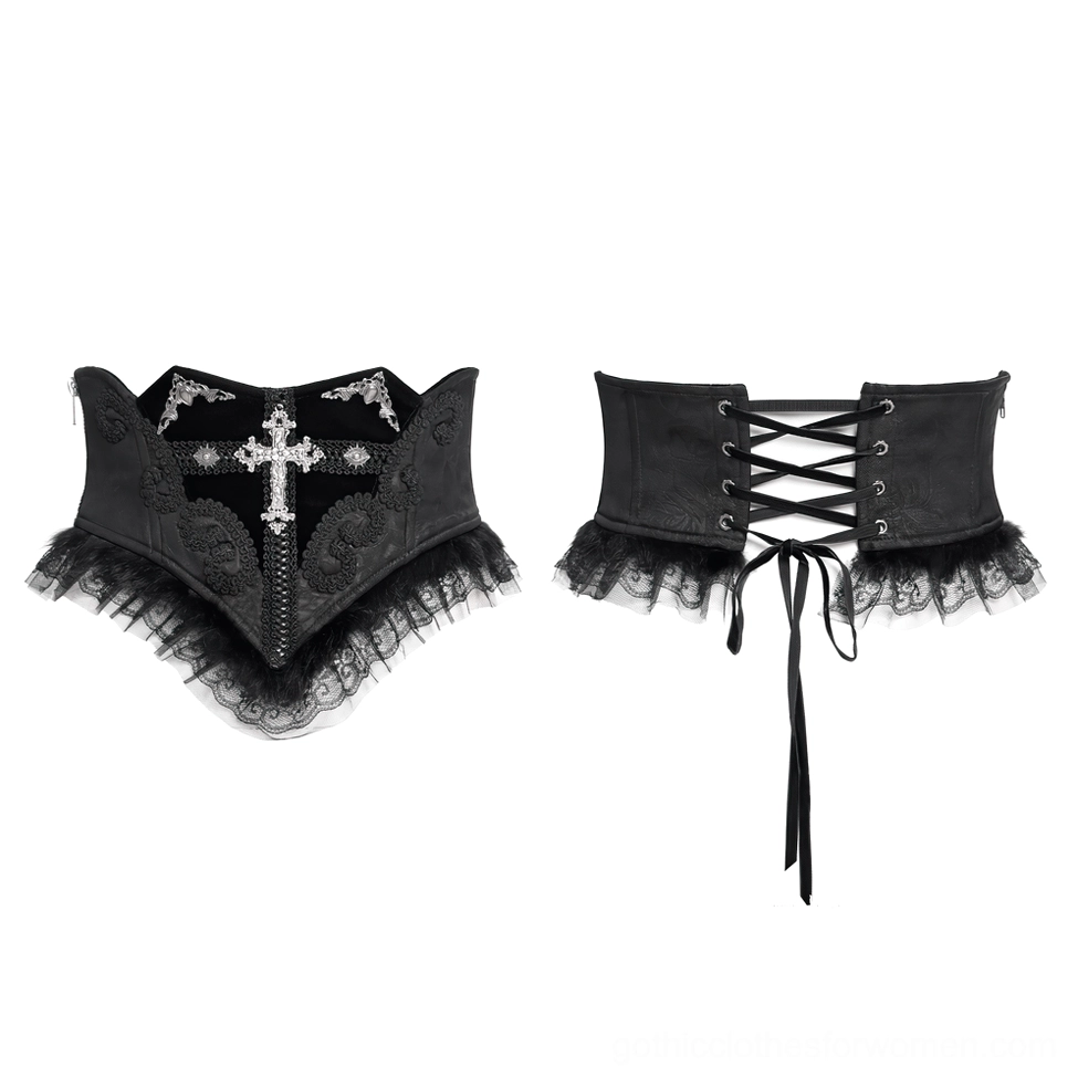 Two styles of black gothic corset belts flat lay comparison shot, one with cross embroidery and one with front lacing design on white background