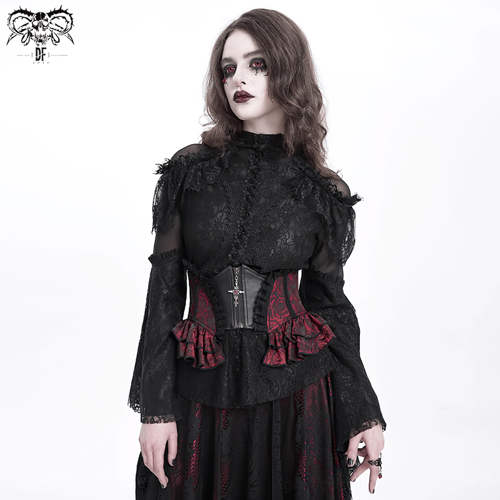 Gothic corset belt styling detail with dark rose brocade showing lace-up back and decorative elements