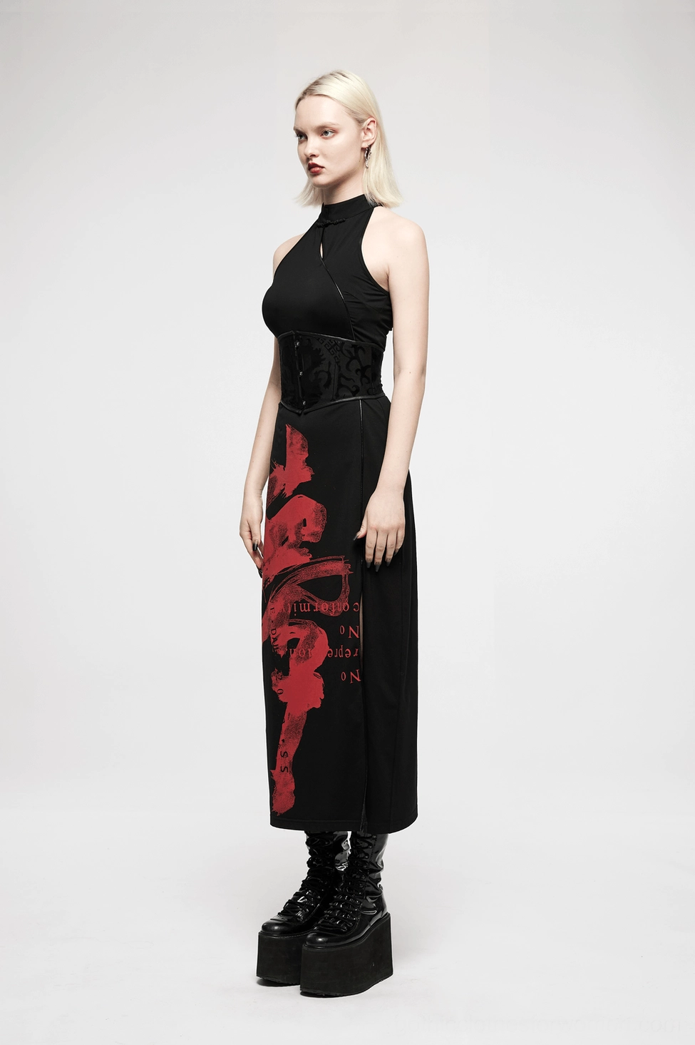 Dragon print corset belt styled on model demonstrating how to wear as alternative fashion accessory for gothic aesthetic