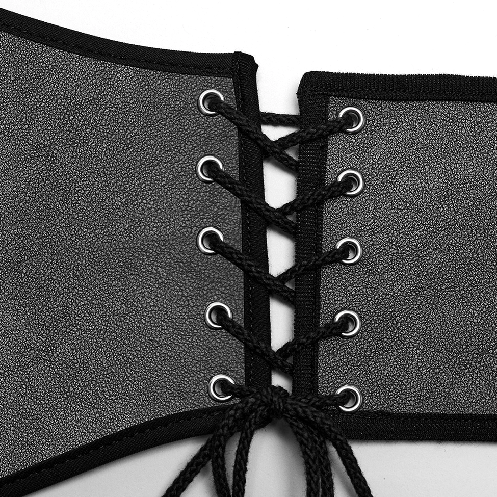 Gothic corset belt flat lay showing tied lace closure with metal eyelets and textured black PU leather material