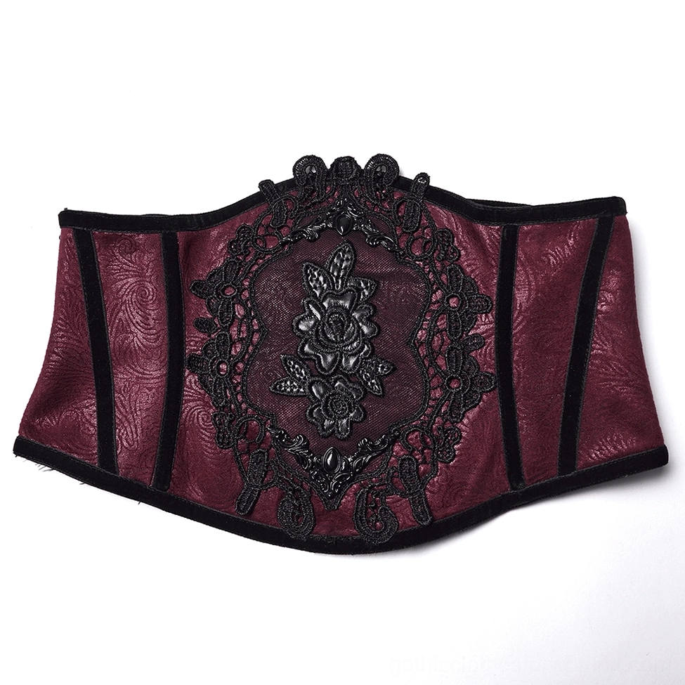 Gothic corset belt top-down view displaying black velvet side trim details and embossed surface texture on white background
