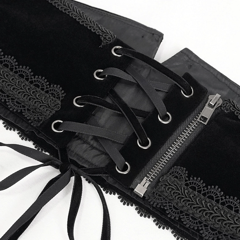 Detailed close-up of gothic corset belt with black velvet, metal eyelets, and side zipper mechanism