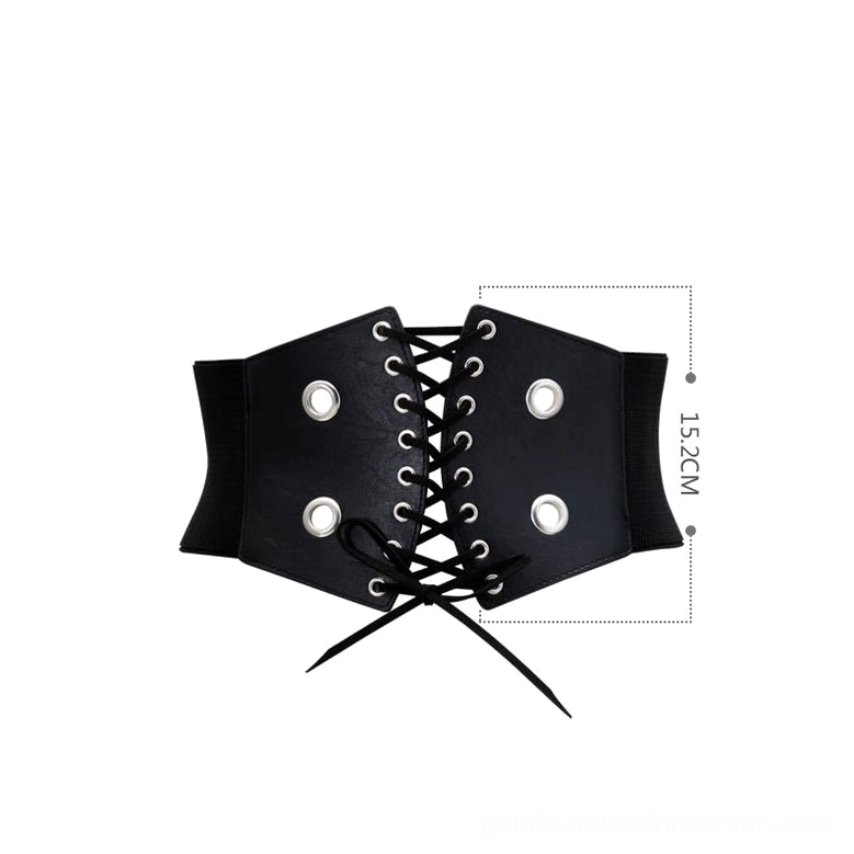 Black gothic corset waist belt flat lay with marked 15.2cm width measurement, lace-up front closure system