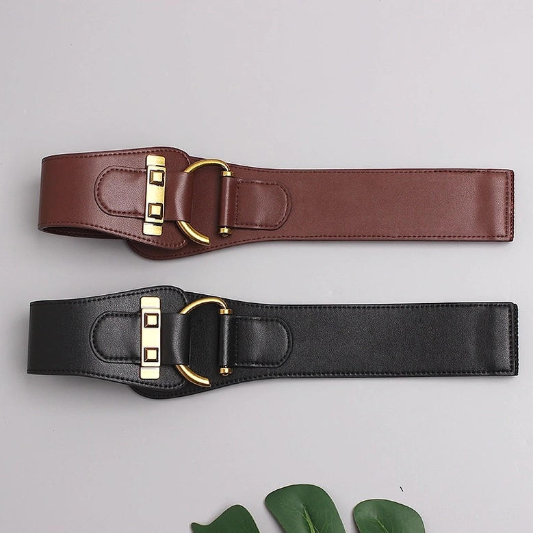 Black and burgundy wide leather corset belts front display with compact antique gold hardware