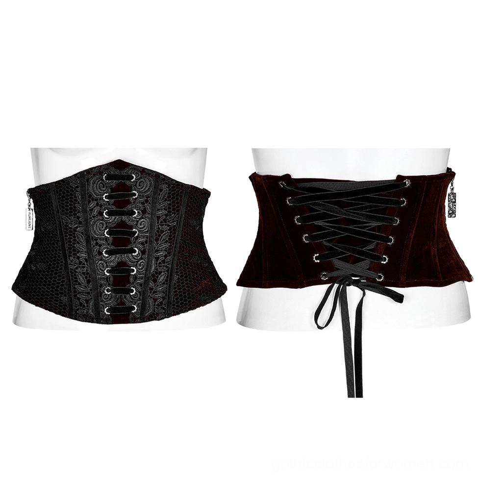 Two wine red gothic corset belts on dress forms displaying design details and silhouette