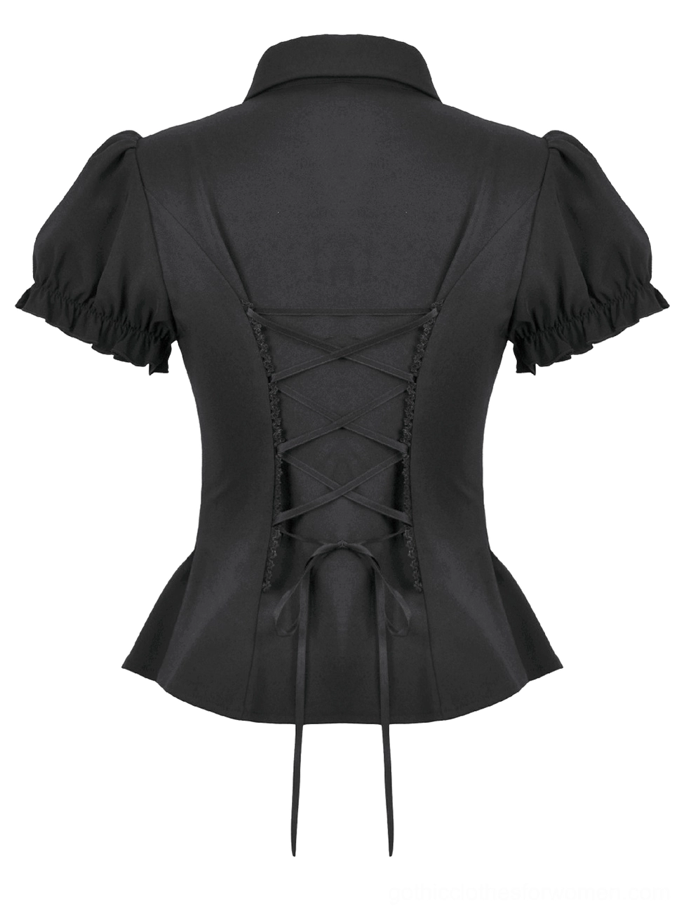 Gothic corset blouse back lace-up detail flat lay showcasing crisscross corsetry construction