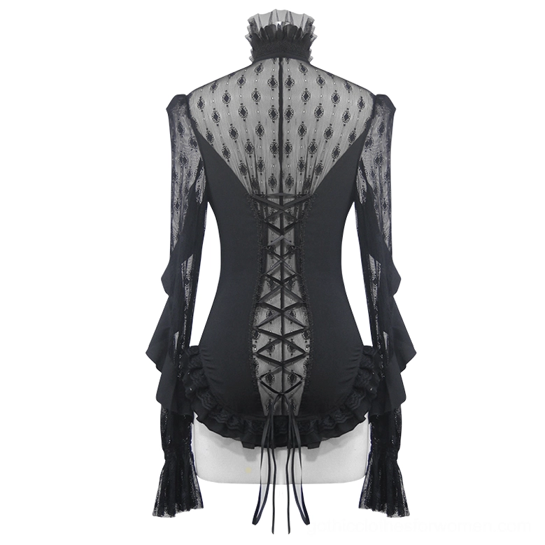 Black gothic lace blouse back view on mannequin showing crisscross ribbon lace-up corset and scalloped hem details