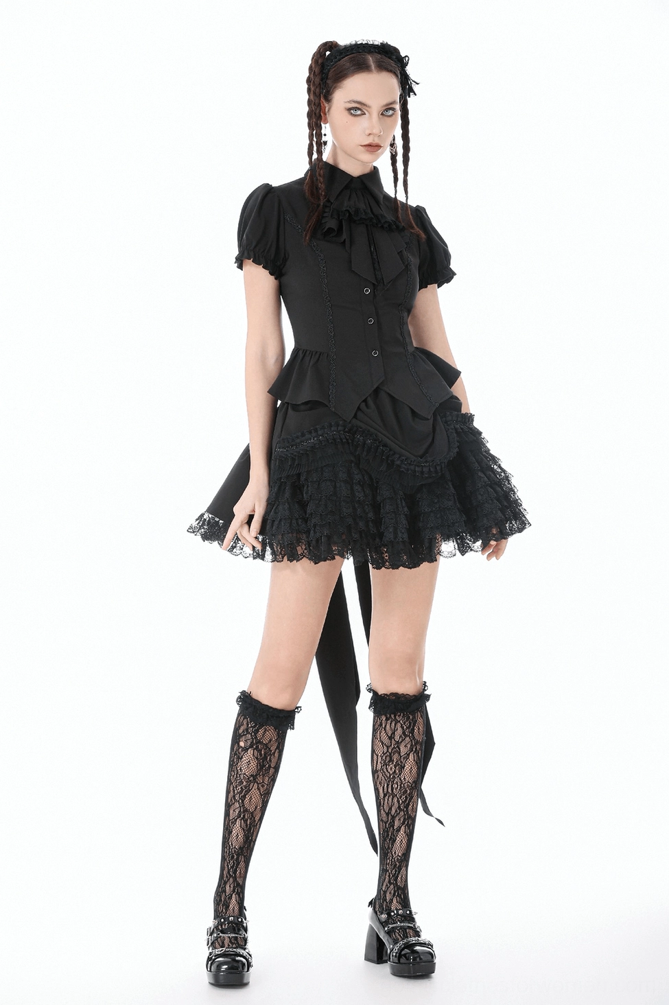 Gothic black corset blouse back view with lace-up corsetry and puff sleeves on model