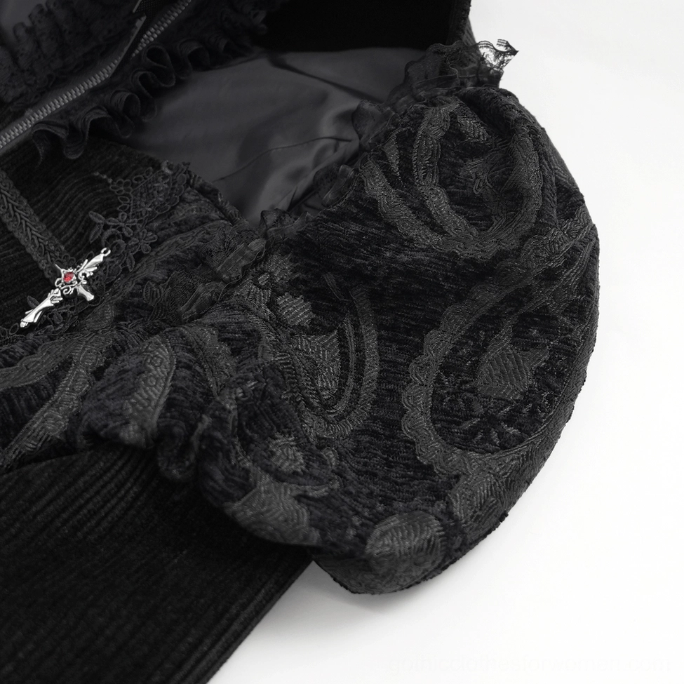 Black Victorian gothic lace corset blouse with bell sleeves styling detail