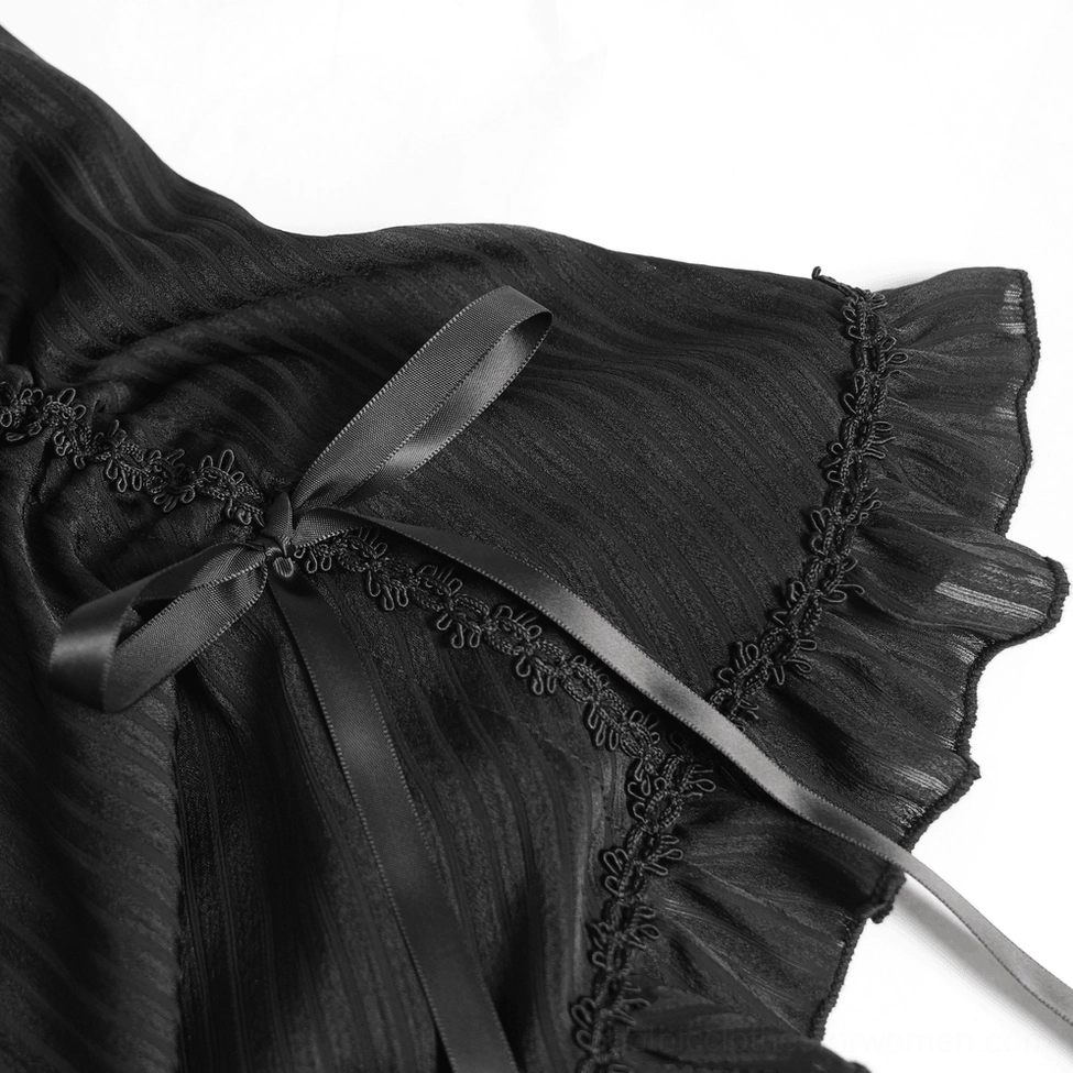 Black gothic corset blouse front angle showing pointed collar, button front, and lace trim construction