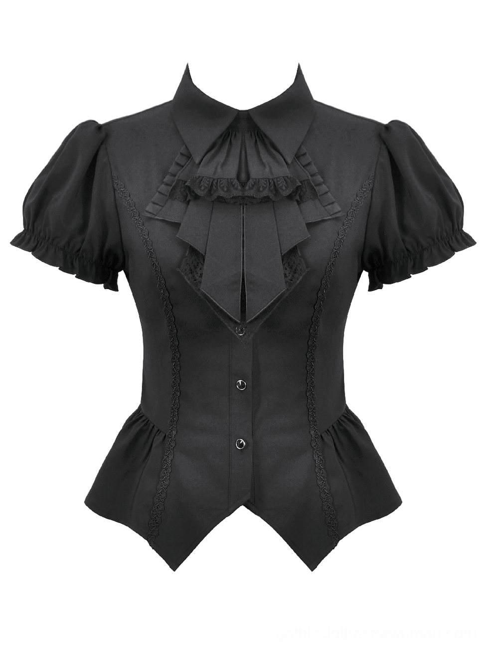 Gothic puff sleeve corset blouse flat lay showing jabot collar and waist-shaping silhouette