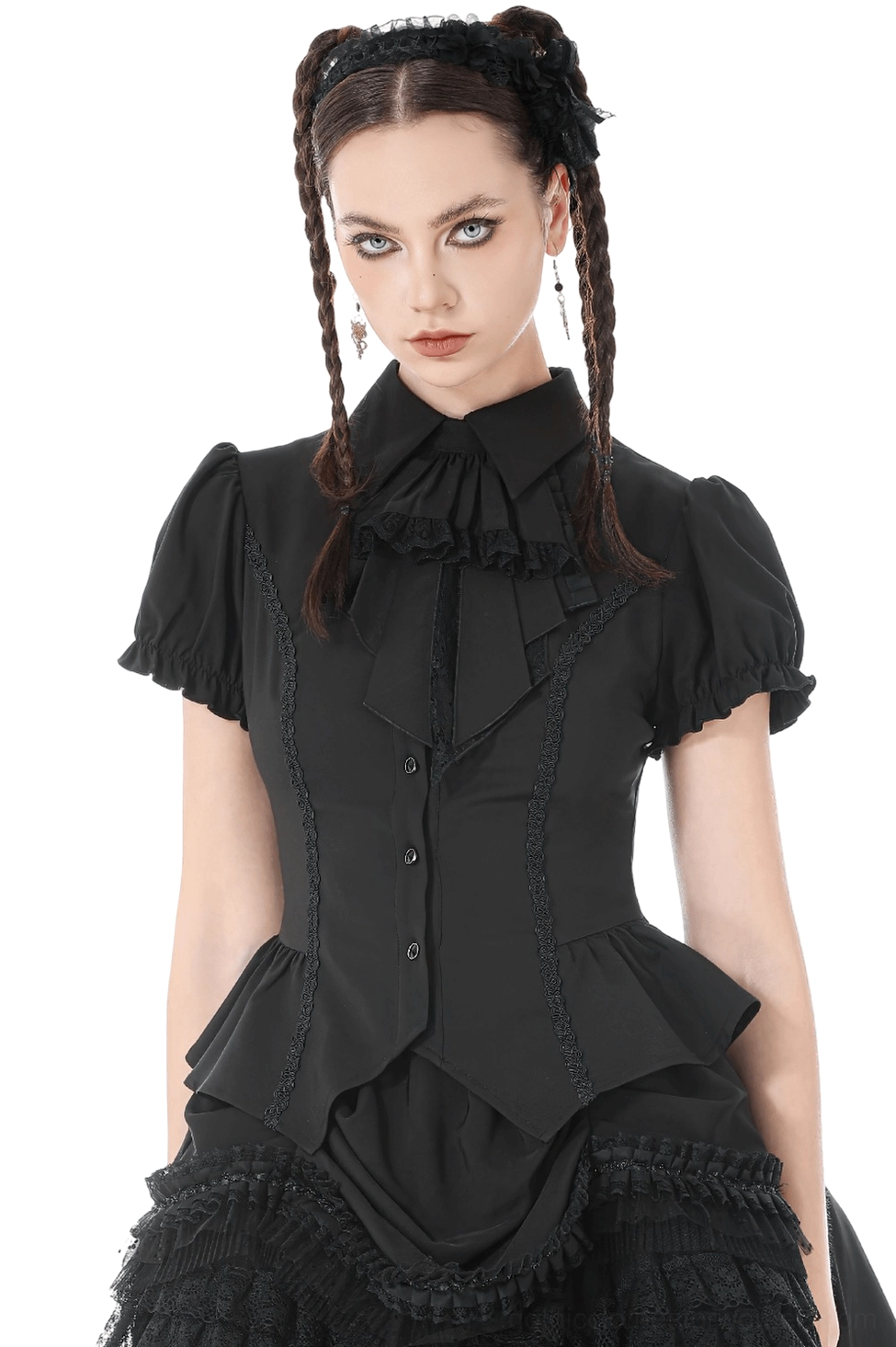 Gothic black lace-up corset blouse with puff sleeves and detachable bow tie - front view on model