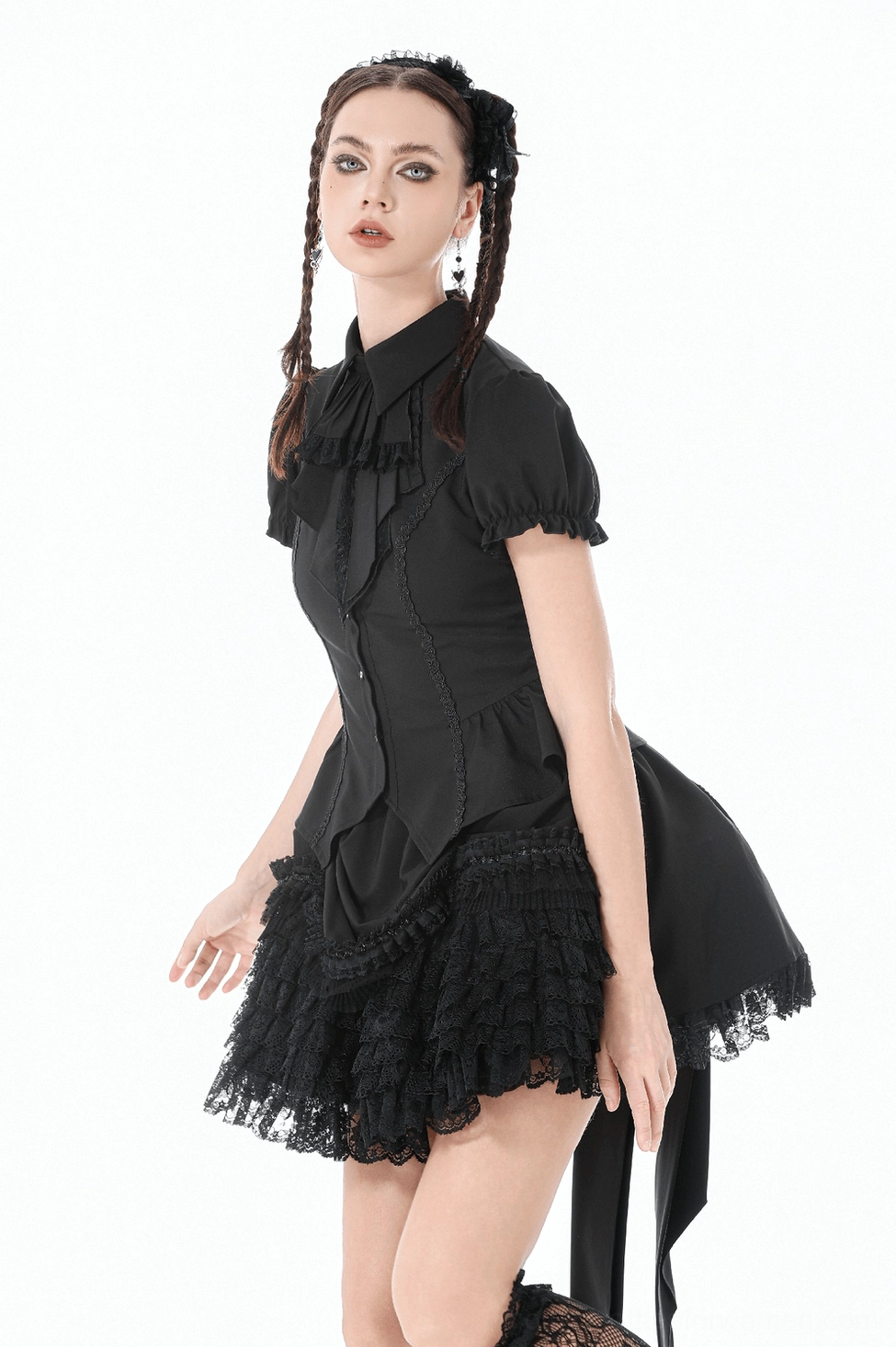 Gothic lace-up corset blouse side view showcasing silhouette and corsetry profile