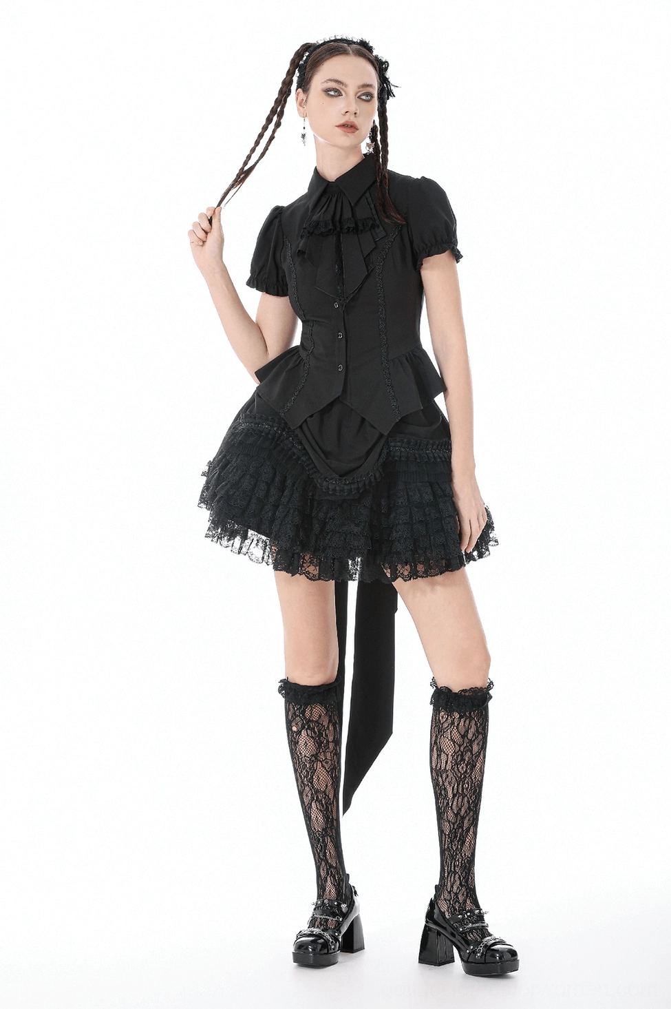 Gothic corset blouse worn with dark fashion accessories demonstrating styling versatility
