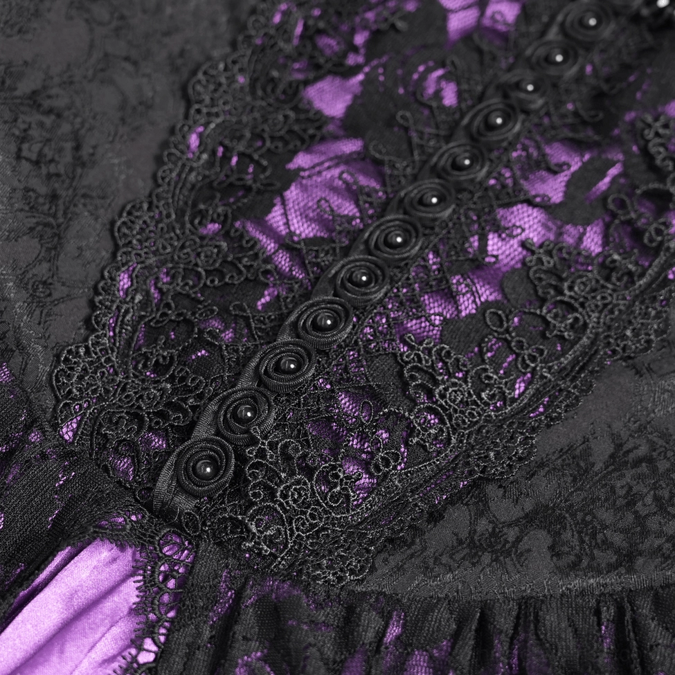 Detailed view of purple gothic corset mini dress bodice with beaded embellishments and lace construction