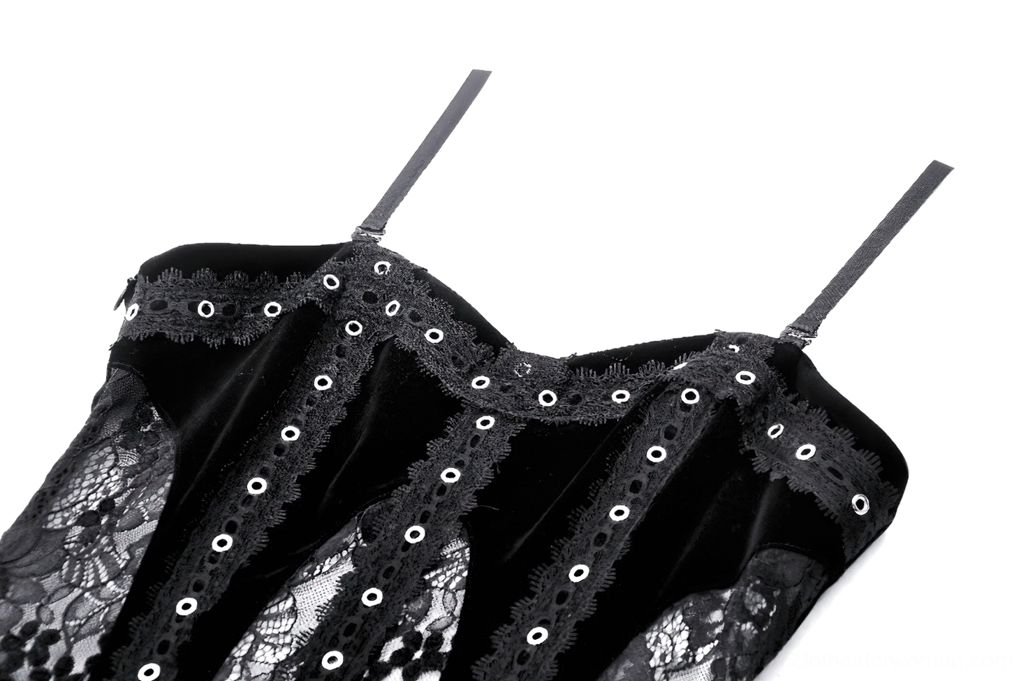Close-up detail of gothic corset bodice showing lace inset, velvet trim, and eyelet fasteners