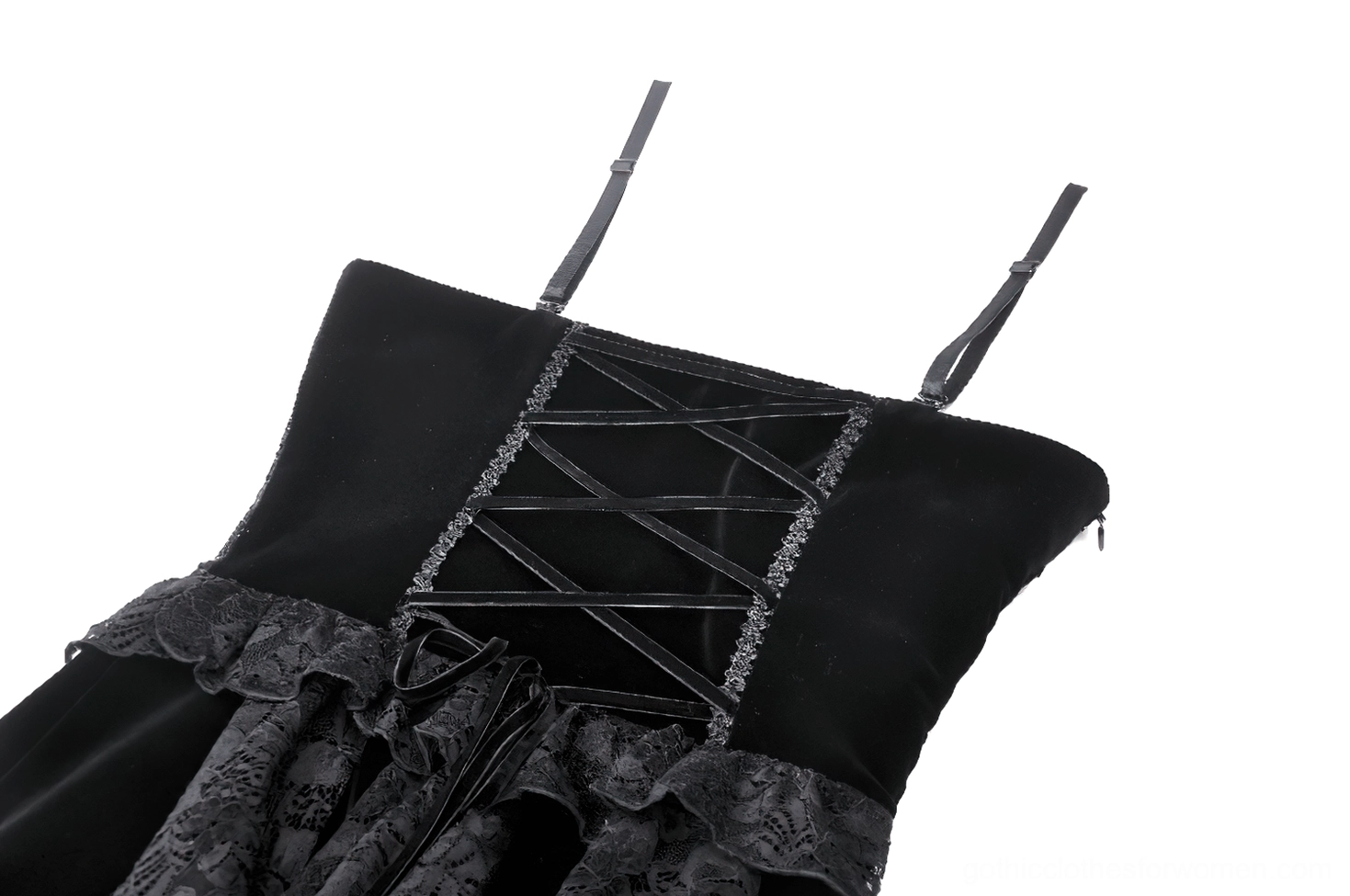 Detailed view of floral lace panels and circular eyelet trim on gothic corset dress bodice