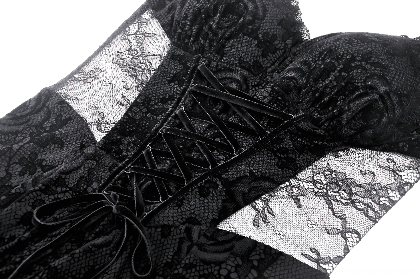 Detailed view of gothic dress velvet lace-up corset bodice, floral lace panels, and sheer mesh inserts on front