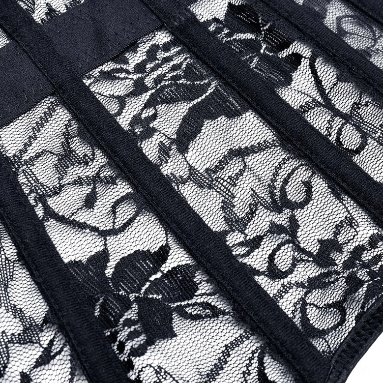 Black gothic corset architectural detail showing plastic boning structure and reinforced seams