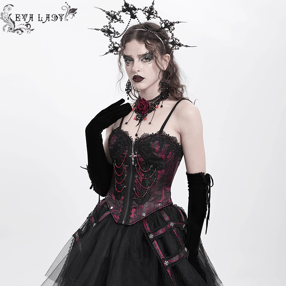 Gothic corset brocade fabric detail with jacquard weave pattern and textile construction close-up