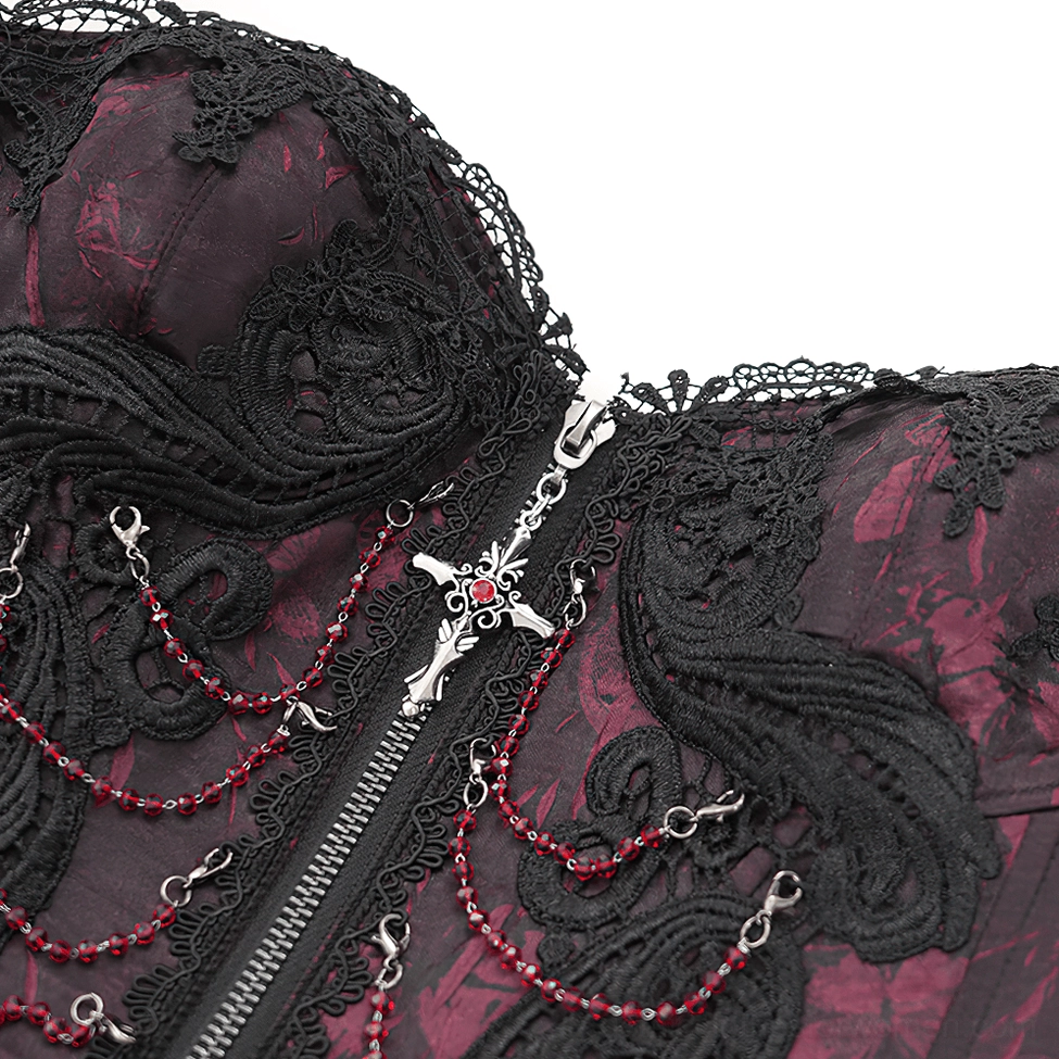 Wine red gothic corset showing full brocade jacquard texture and decorative chain layering on display