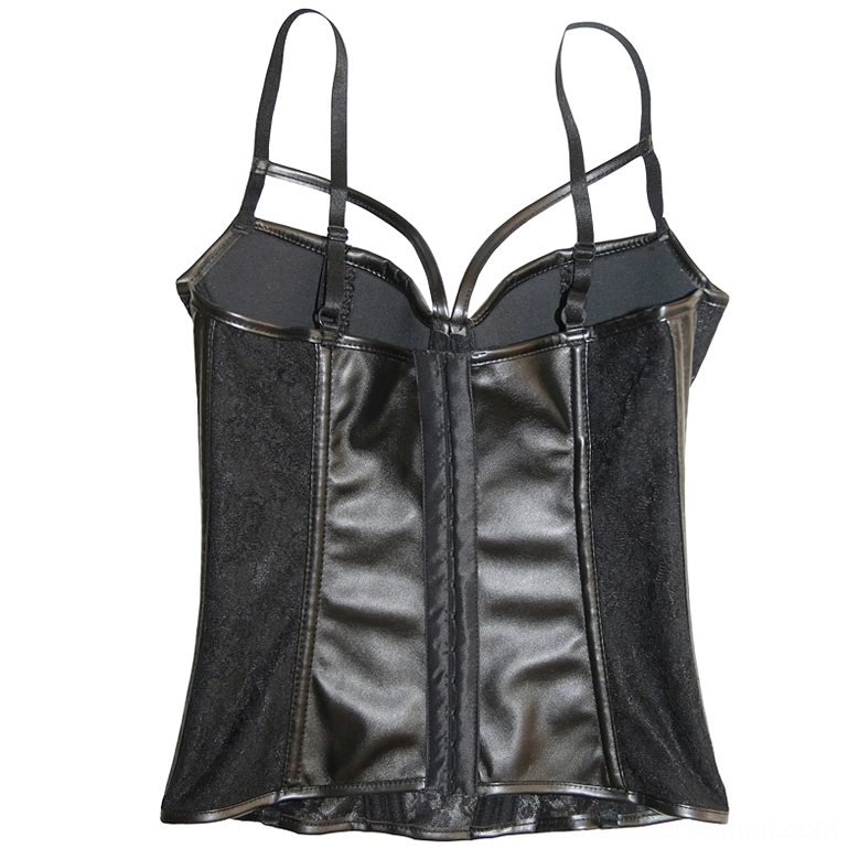 Black corset bustier back view showing hook-and-eye closure and lace side panels