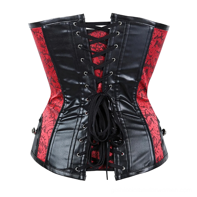 Back view of red and black gothic corset bustier displaying lace-up back closure and faux leather paneling