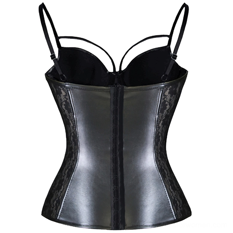 Black gothic corset bustier back view displaying center zipper and faux leather panels