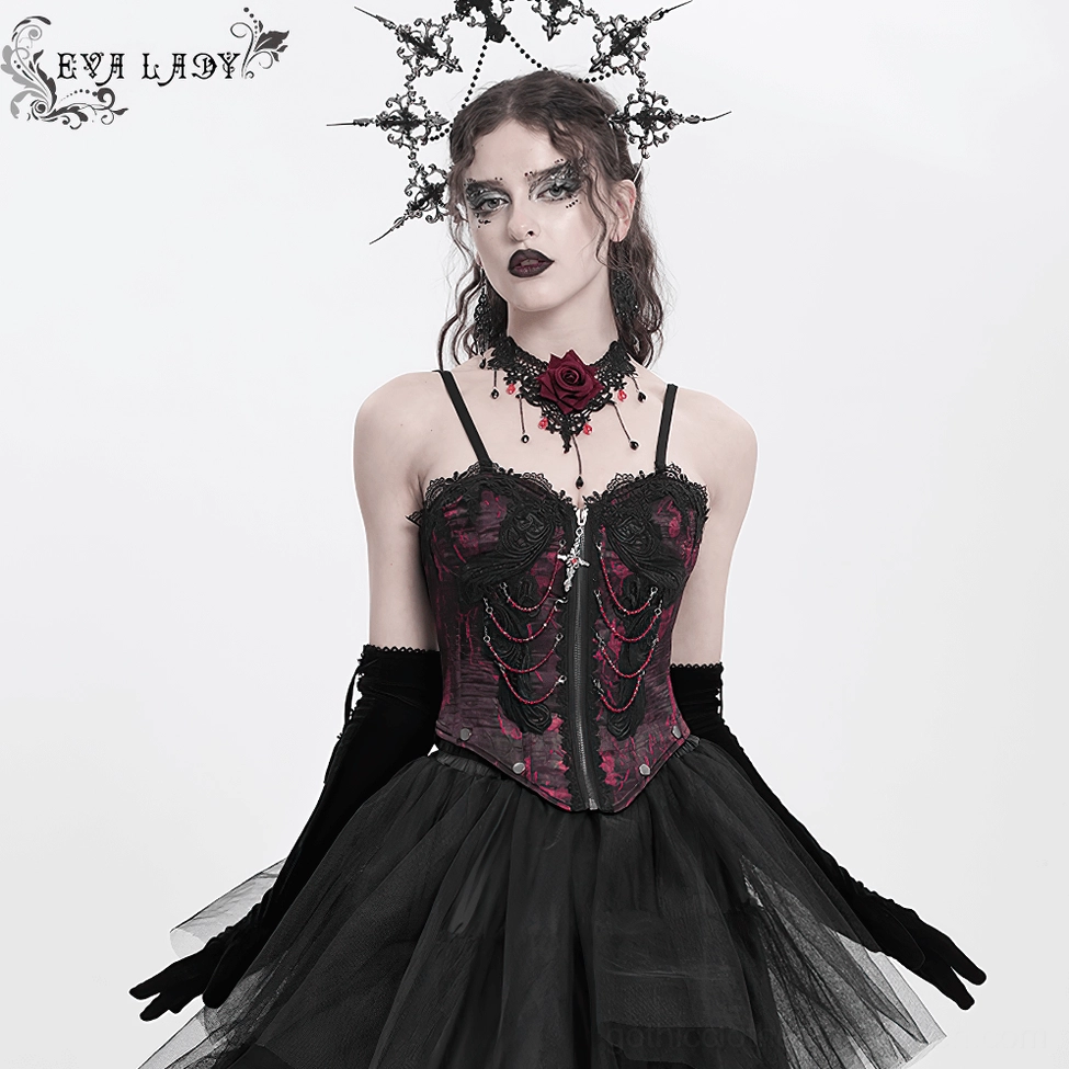 Wine red gothic corset bustier top showcasing cross pendant focal point and bead chain embellishments