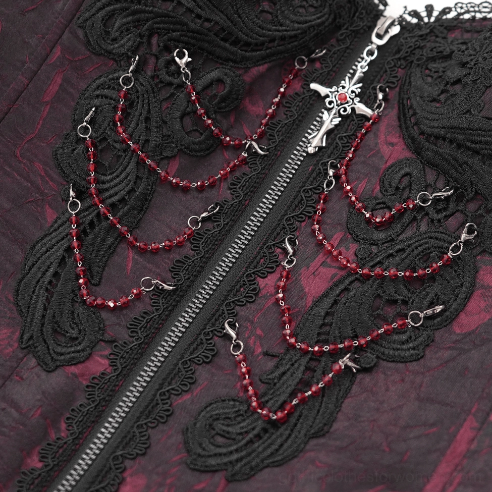 Gothic corset lace cup and bustier construction with intricate embroidered lace trim detailing