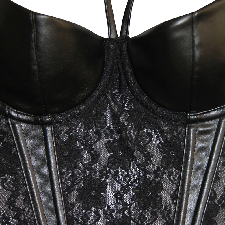 Close-up detail of black floral lace and faux leather trim on gothic corset bustier