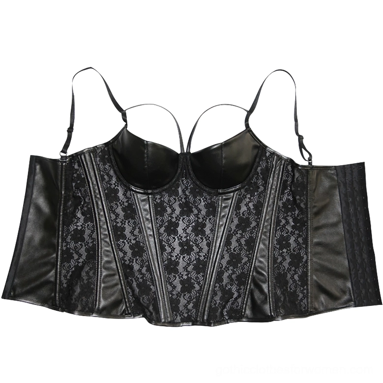 Black floral lace corset bustier with elastic side panels and underwire support detail