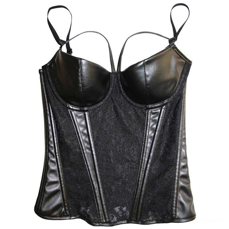 Black corset bustier front view showing mesh lace body and adjustable spaghetti straps