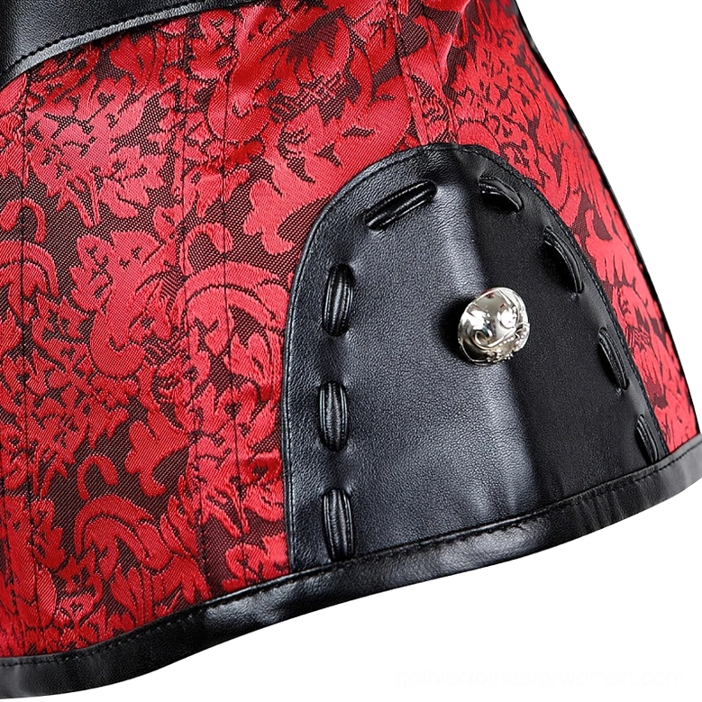 Gothic corset bustier color and texture detail showcasing faux leather construction and metal rivet embellishments