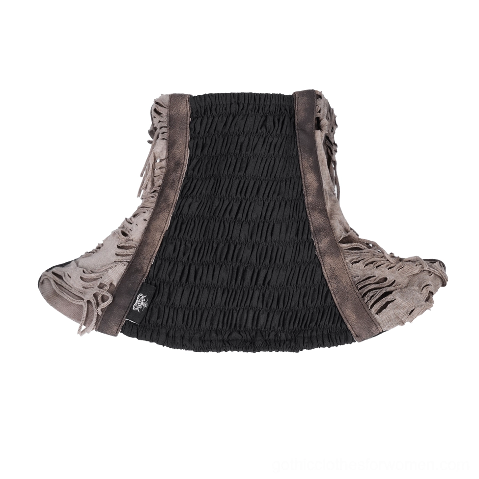 Back flat lay view of gothic choker displaying shirred elastic back panel and distressed trim