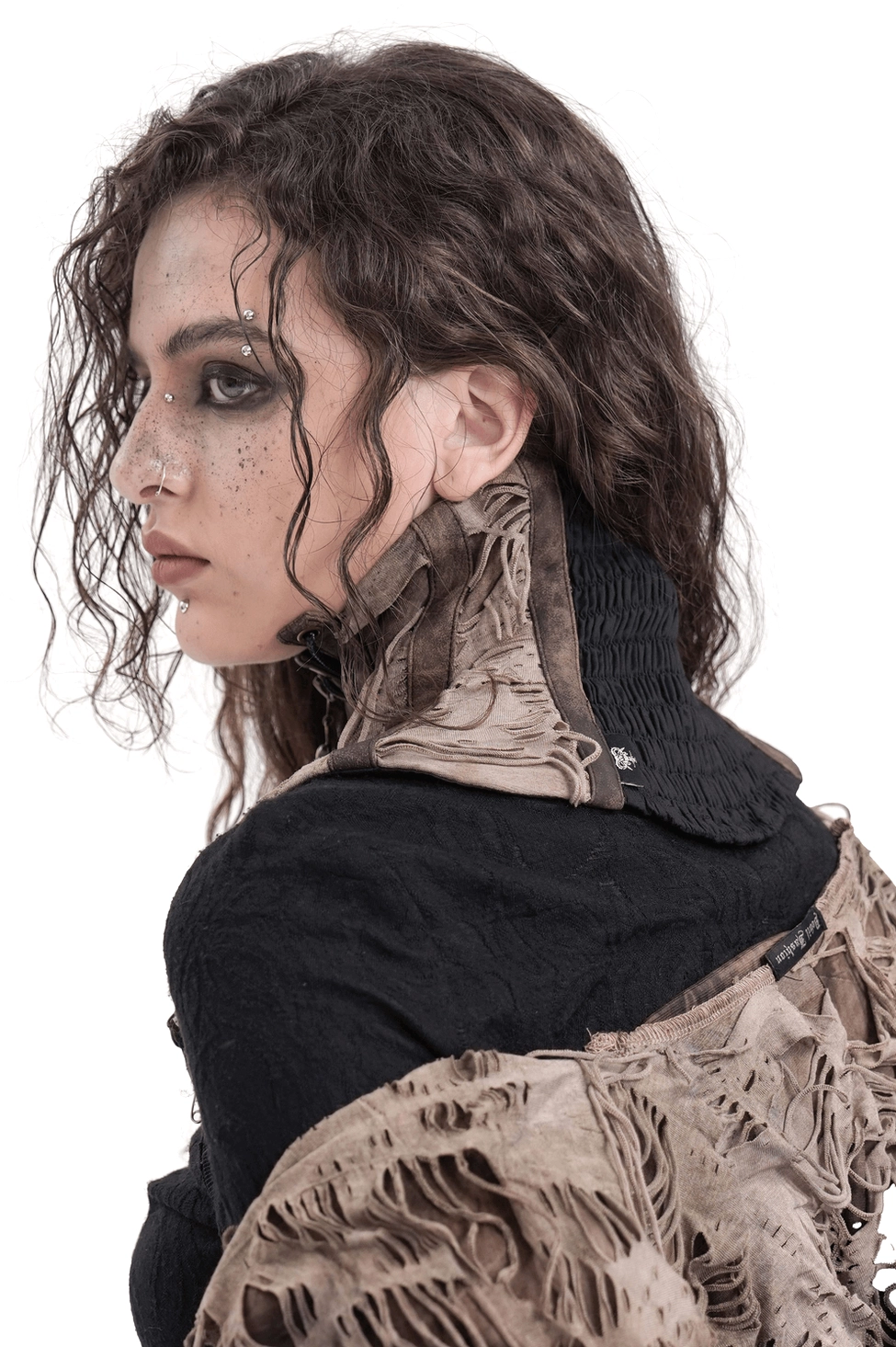 Rear side view of gothic corset choker showing high collar design and frayed distressed edges