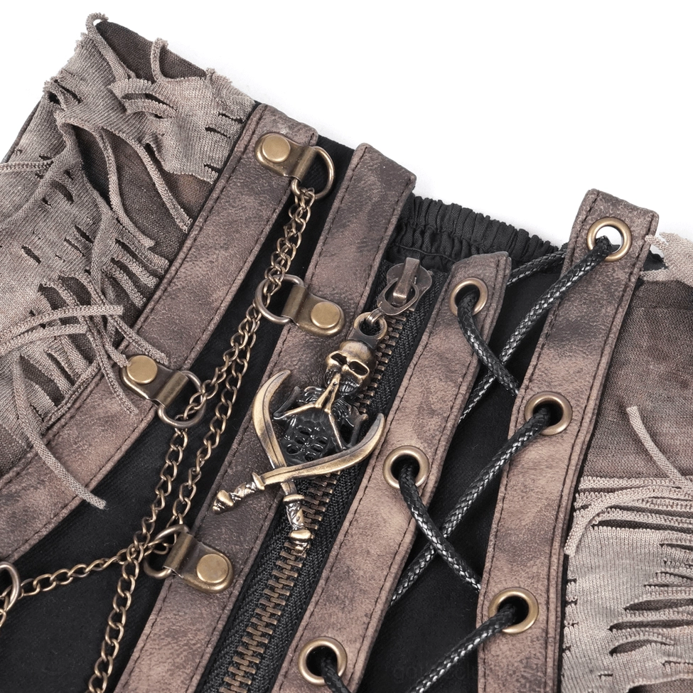 Close-up detail of gothic corset choker hardware including bronze zipper and metal chain accents