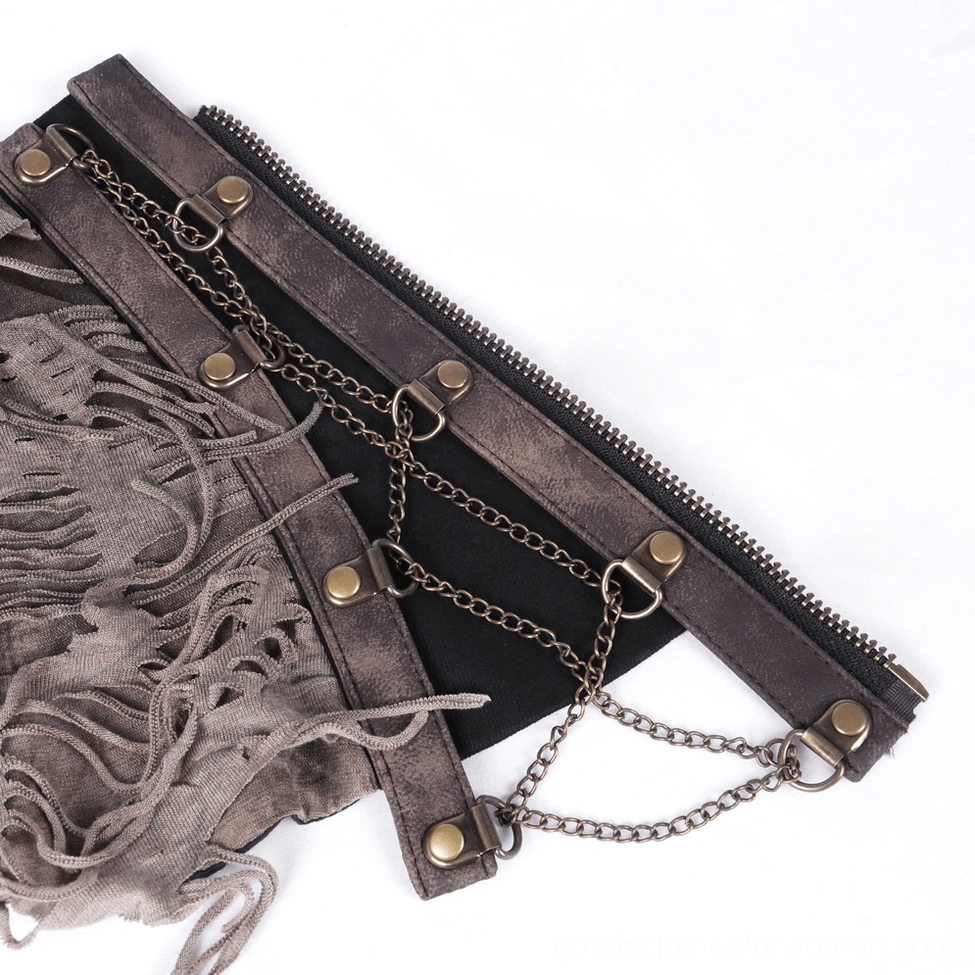 Close-up side detail of gothic choker showing bronze hardware, metal chains, and distressed frayed edges