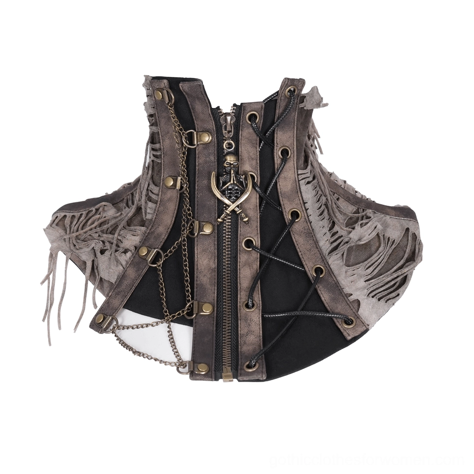 Flat lay front view of distressed lace-up corset choker with bronze hardware and zipper detail